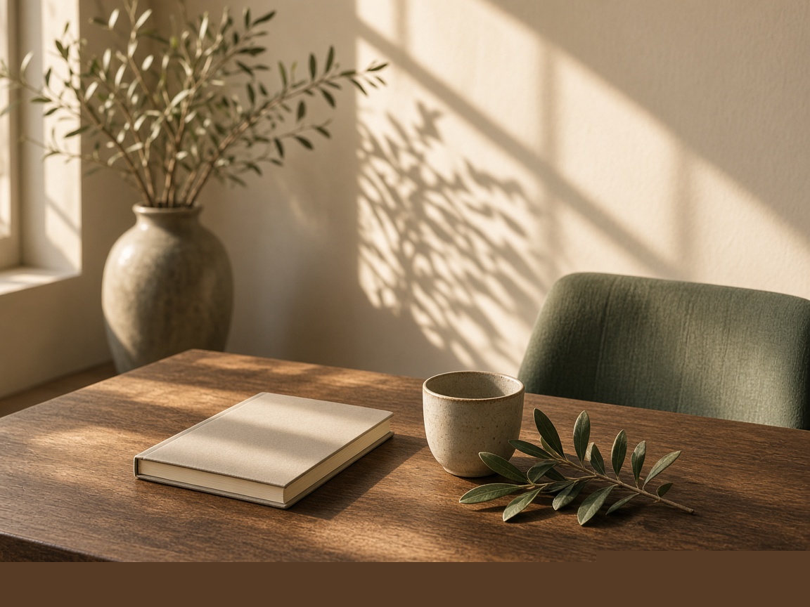 A sunlit table with a closed notebook, a ceramic cup, and an olive branch.