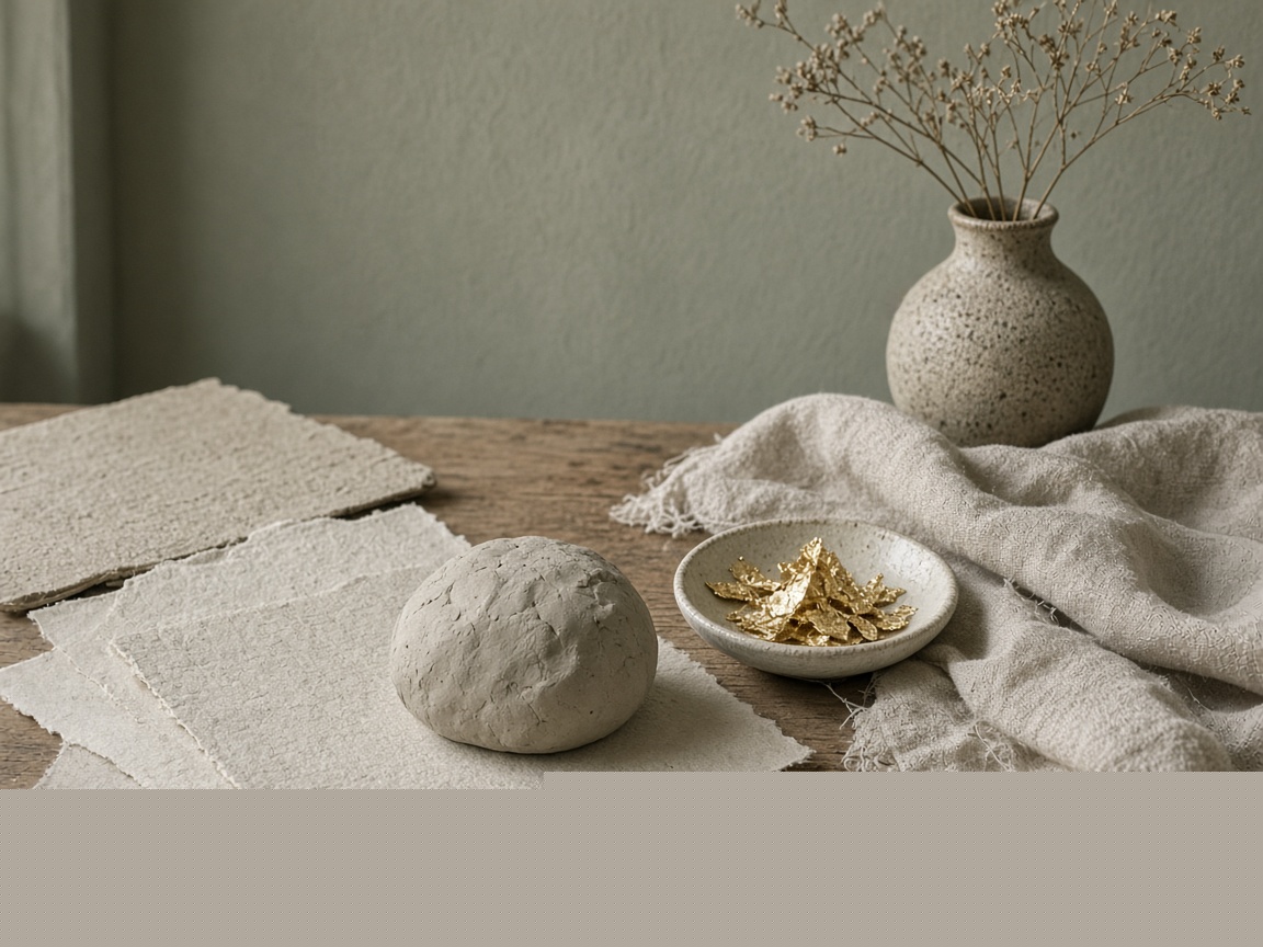 A craft table with handmade paper, pale clay, and a small dish of gold leaf.