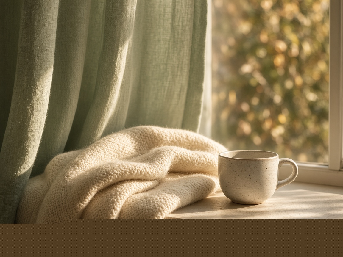 A folded cream blanket and a ceramic cup on a window seat, with part of a hand at the edge.