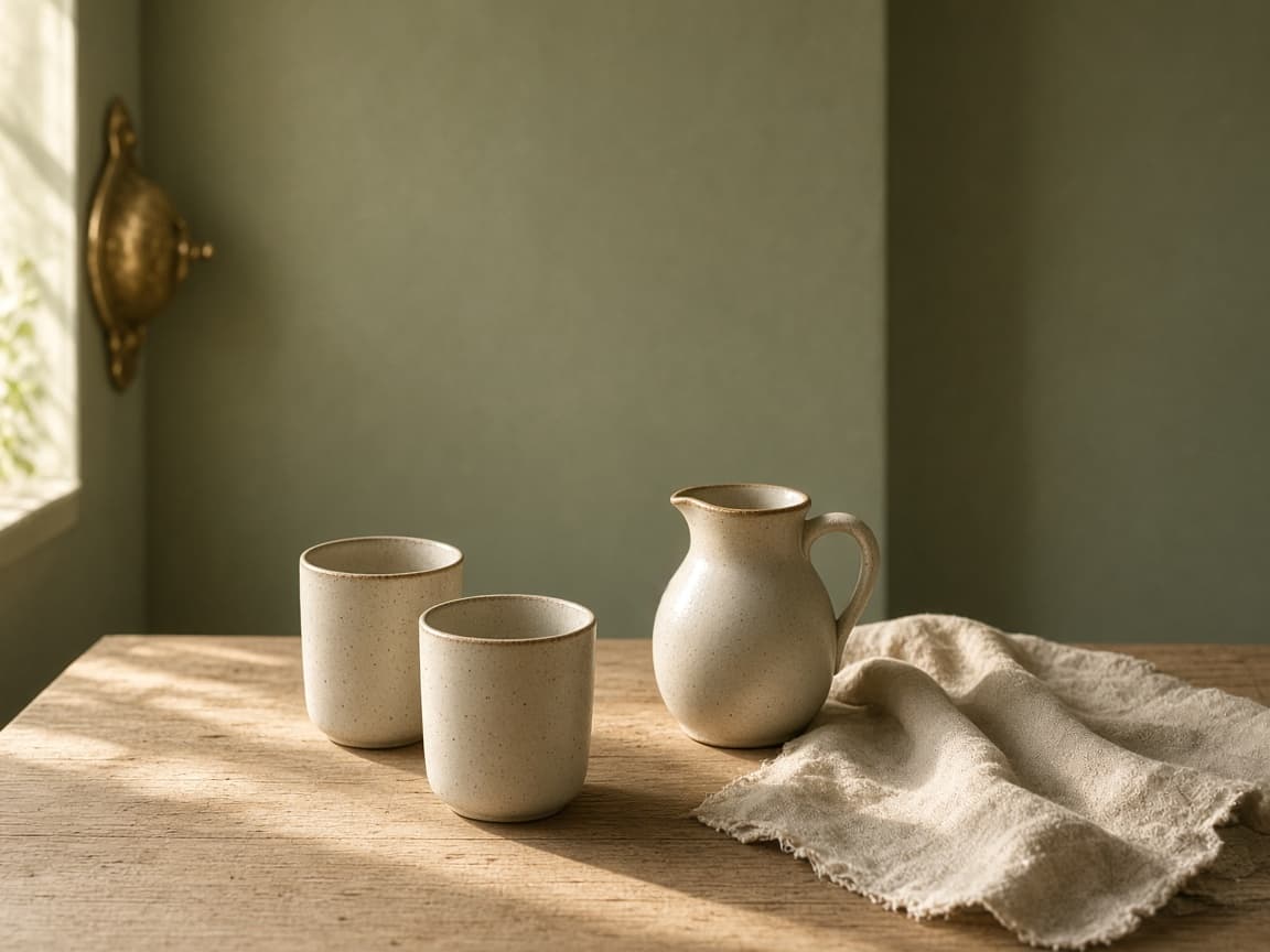 Two plain ceramic cups and a small jug on a wooden table in warm light.