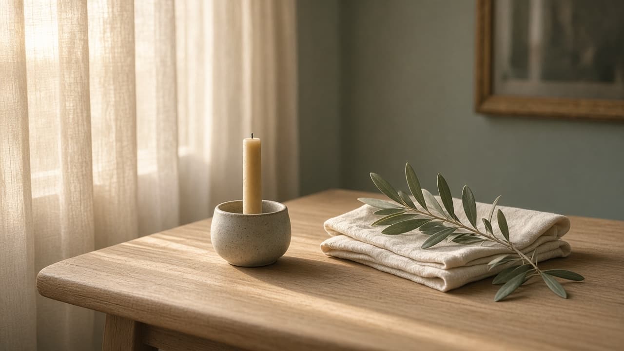 Morning light on a wooden table, with a beeswax candle, olive leaves, and cream linen.
