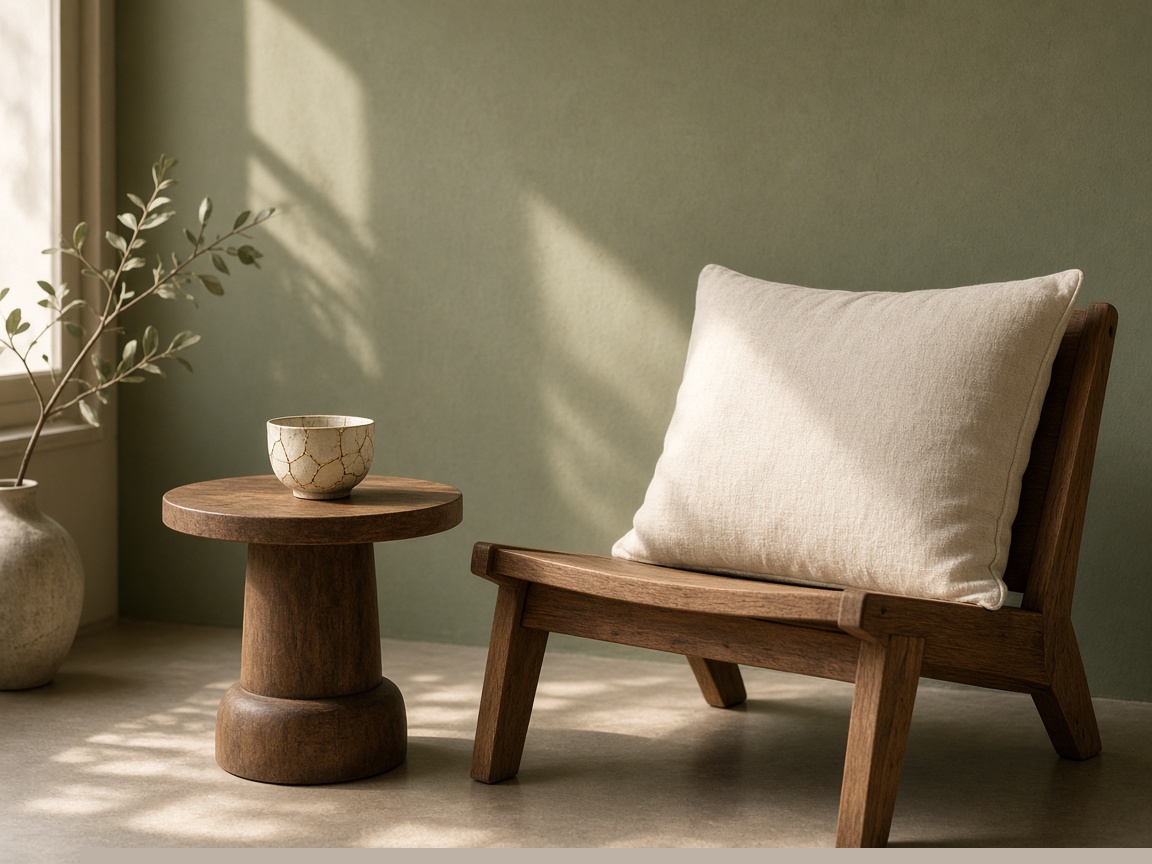 A quiet corner with a wooden chair, a cream cushion, and a small repaired cup.