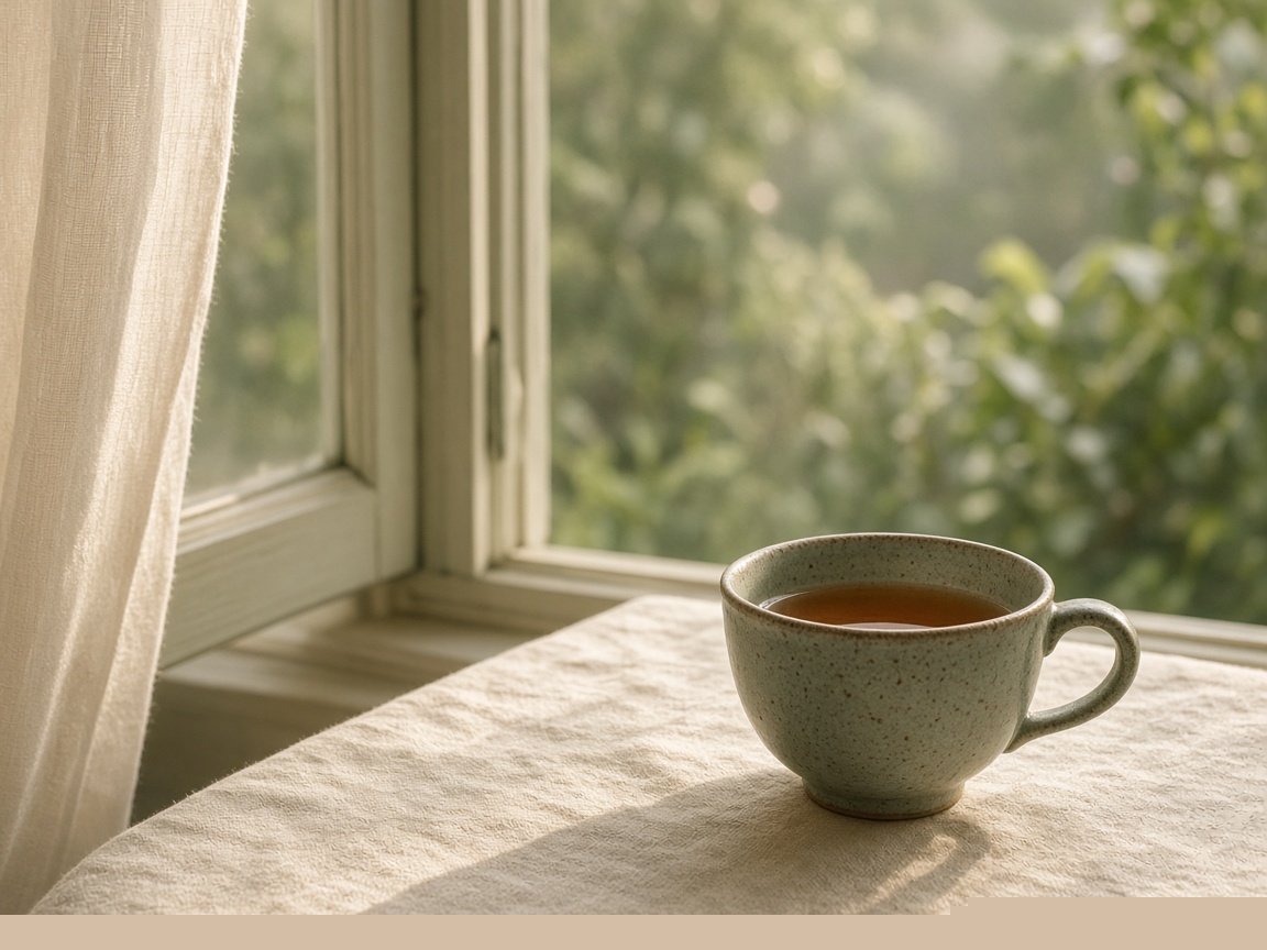 A ceramic cup of tea beside an open window, with soft garden light beyond.