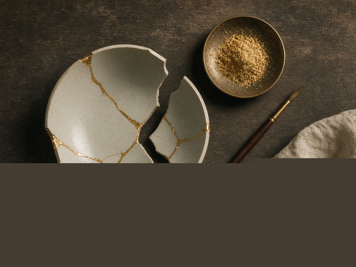 A workbench with a broken pale bowl, a dish of gold powder, and a fine brush.