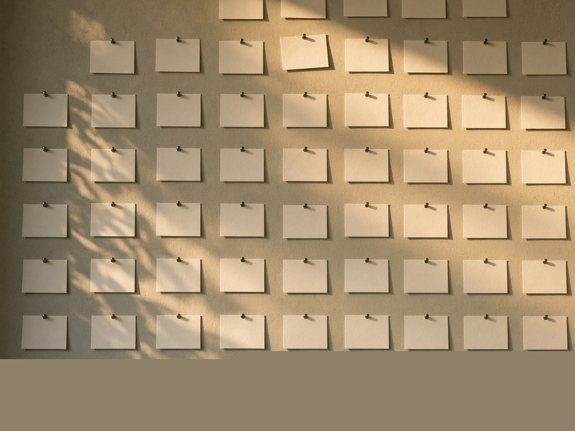 A wall of blank cream notes in warm light.