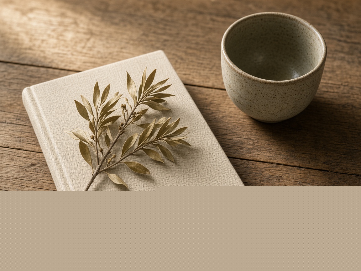 A closed plain journal, a dried sprig, and a cup on a wooden table.