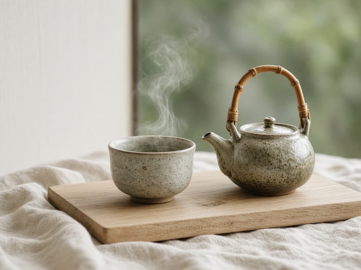 A tea bowl and teapot on a wooden tray, with steam rising and part of a hand at the edge.